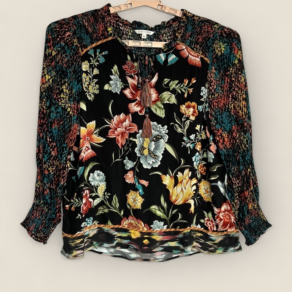 John Mark Top Sz L Mixed Print Animal Print Blouse Floral Tassel Shirring Artsy